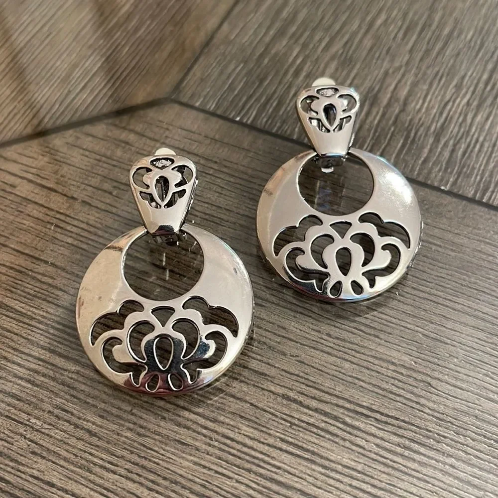 Vintage Silver-tone Door Knocker Clip Earrings, Floral Design